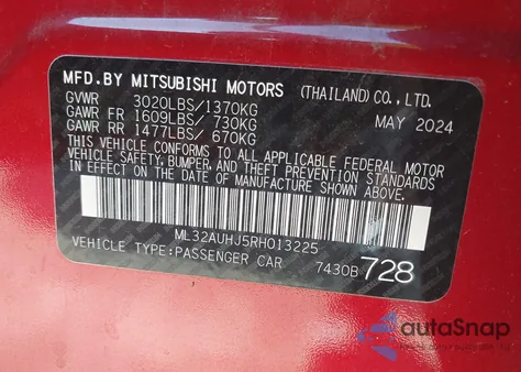 2024 Mitsubishi Mirage Es/Le from USA, damaged, VIN ML32AUHJ5RH013225
